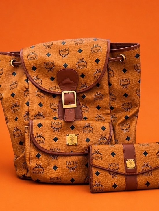 MCM Handbags - Vintage MCM Cognac Visetos Monogram backpack and wallet set